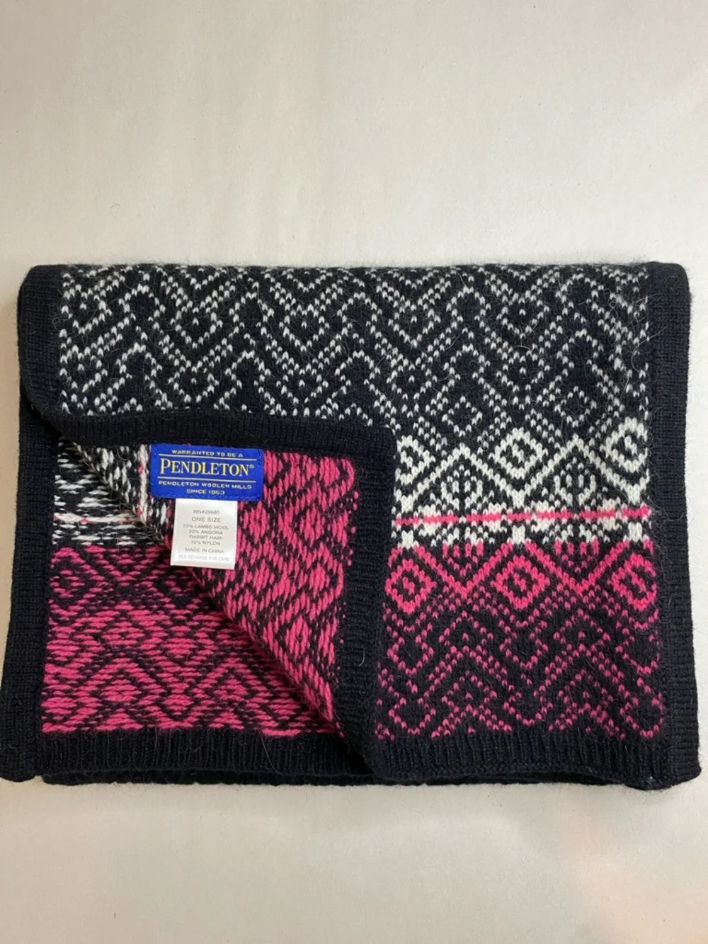 Pendleton Wool Angora Scarf Black Pink Fair Isle Nordic Winter Cozy 70”X 11”